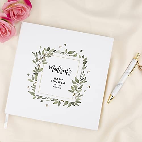 Andaz Press Personalized Baby Shower Guestbook with Gold Accents, Greenery Square Frame Custom, White Guest Sign in Registry 120 Pages 8.5 X 8.5 Memories Book for DIY, Scrapbook, Photo Album - Image 2