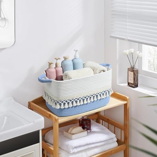 2 Pack Storage Basket, Heavy Tassel Woven Baskets for Storage, Boho Cotton Rope Storage Bin, Cube Organizer Bins, Baby Laundry Basket for Clothes, Toys, Diapers, Pets（White & Blue） - Image 6