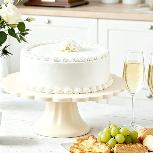 Vesici Cream Wooden Cake Stand Scalloped Round 10" L X 10" W X 3" H - Image 4