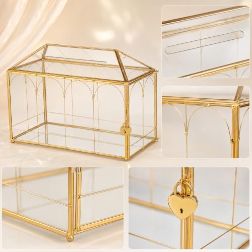 Glass Card Box with Slot, 12.6" x 5.9" x 9" Large Gold Clear Card Boxes for Wedding Receptions, Christmas Decor, Baby Shower, Birthday Party, Bridal Shower - Slot Length 7.1 Inches - Image 6