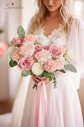 Serwalin 2Pcs Artificial Flowers Pink White Flower Silk Flowers for Wedding - Image 6