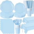 Funnymoom 452 Pcs Light Blue Party Supplies for 50 Guests, Baby Blue Scalloped Paper Plates Napkins Cups Plastic Tablecloth Cutlery Straws for Baby Bridal Shower, Birthday Wedding Party Decoration by Funnymoom