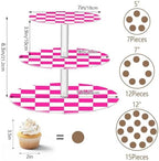 J JOYSAY Checkerboard Pink Pattern Acrylic Cupcake Stand 3 Tier Dessert Table Display Set Clear Cake Stands for Party Baby Shower Wedding Decorations Easy Assembly Macaron Tower - Image 3