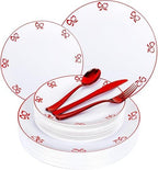 125PCS Red Bow Plastic Plates - White and Red Rim Disposable Plates - 50 Elegant Plates with Bowknot Patterns, 25 Forks, 25 Spoons, 25 Knives for Birthday Wedding Party by Joyido