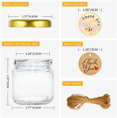 GIVAMEIHF Mini Honey jars 1.5oz, 60 pcs Honey Jars with 60 Bee Stickers,Tags,Jutes Rope,Mini Honey Jars with Lids, Perfect for Candle Jar,Spices,Jams,Baby Shower, Wedding Favors, Party Favors - Image 2