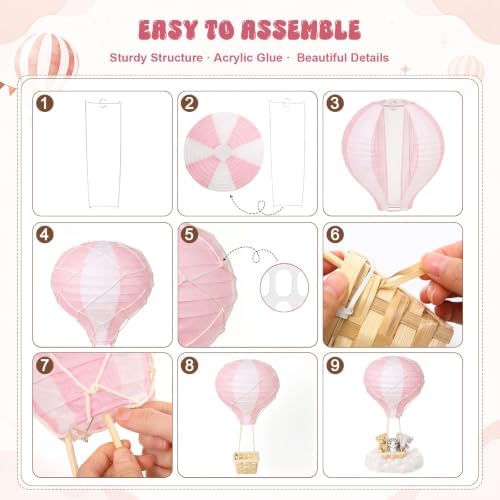 Spiareal 6 Sets Pink Hot Air Balloon Paper Lanterns Decor with Basket - Image 3