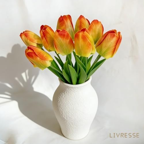 Orange Artificial Tulips for Vase, 48 Faux Tulip Flowers for Fall Centerpiece, Autumn Home Decor, Thanksgiving Table Arrangement & Rustic Farmhouse Decorations - Image 6