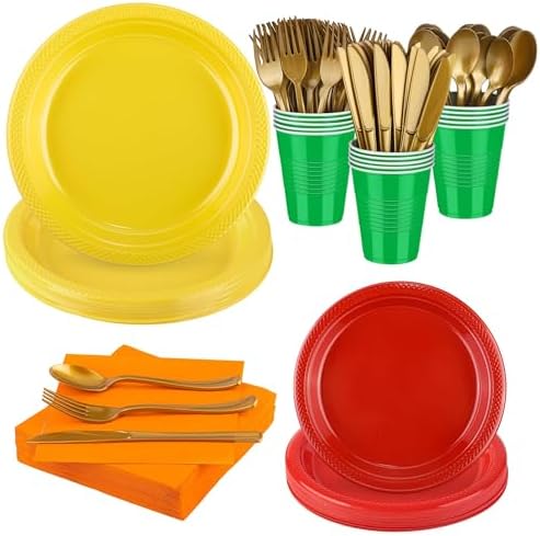 Aodaer 200 Pieces Colorful Dinnerware Set, Disposable Party Supplies Include 7/9 Inch Yellow Red Plastic Plates Green Cups Cutlery Napkins for Rainbow Birthday Party Decor, Serve 25 Guest by Aodaer