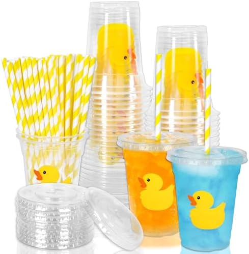 Whaline 50 Pcs Yellow Duck Plastic Cups with Lids and Straws 12 Oz Cute Duck Beverage Drinking Cups for Birthday Summer Pool Beach Party Supplies by Whaline