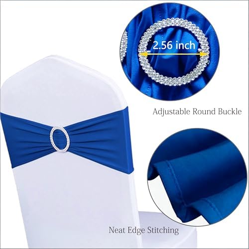 Pack of 100 Royal Blue Chair Sashes Bows Spandex Chair Bands Silver Buckle - Image 4