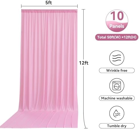 50ftx12ft Pink Backdrop Curtains for Parties, Wrinkle Free Polyester Pink Photo Backdrop Drapes 10 Panels 12 ft Long Back Drop Cloth for Wedding Birthday Photography Background Party - Image 5