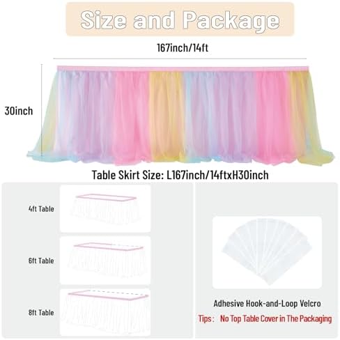 167in Rainbow Tulle Table Skirts for Rectangle Tables 6/8ft, 2-Layer Pastel Color Unicorn Ruffle Tulle Tutu Cloth Table Skirt 14ft for Girl Birthday Party Baby Shower Cake Dessert(No Table Cover) - Image 5