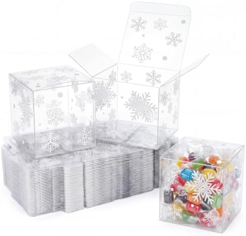 50 Pcs Christmas Clear Favor Boxes 3x3x3 Inch, Snowflake Xmas Candy Box by ReliThick