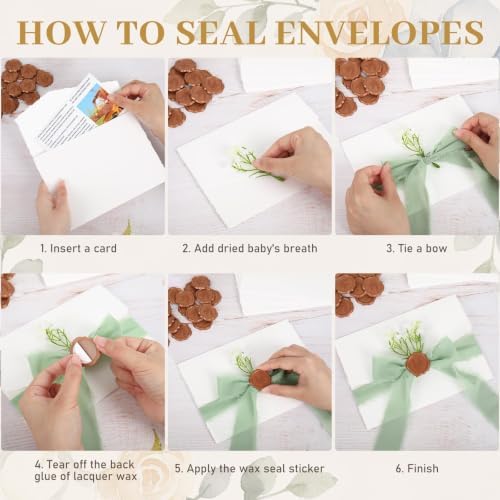 Whaline 120 Sets Wedding Invitation Kits Invite Card Envelopes with Artificial Baby's Breath Sage Green Ribbons Wax Seal Stickers for Bridal Shower Birthday DIY Crafts, 5 x 7 Inch - Image 3