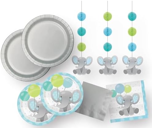 Elephant Baby Shower Party Supplies Set, Blue and Mint, 16 Guests, with Plates, Napkins and Hanging Decorations by CreativeConverting