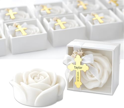 Personalized Rose Shaped Soy Candle Favors with Gold Acrylic Cross Label – Baptism & Christening Keepsake, Religious Wedding or Shower Gift Set (10–200 PCS) by Unknown