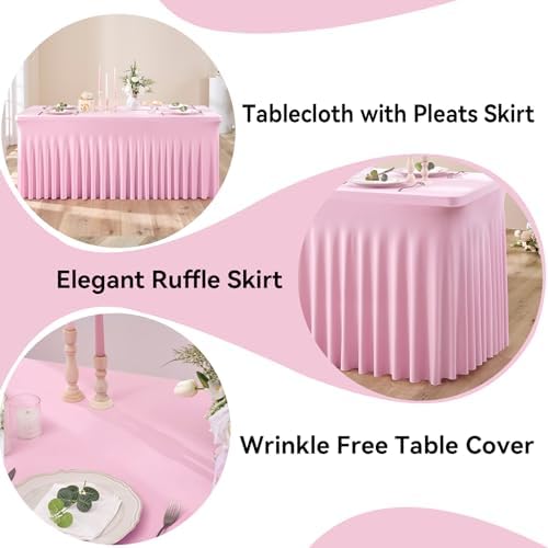 NSSONBEN 6 pk Baby Pink Spandex Tablecloth 6ft with Ruffle Table Skirt, Wrinkle Free Stretchy Fitted Tablecloths for 6 Foot Rectangle Tables, Elastic Spandex Table Covers for Weddings Parties Banquet - Image 2