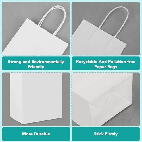 XPCARE White Paper Bags with Handles, 200Pcs 5.25x3.25x8.25'' Kraft Bags - Image 3