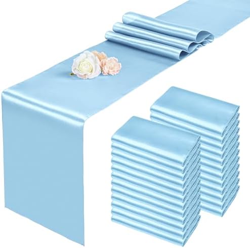 24 Pack Light Blue Satin Table Runners 12 x 108 Inch Long Sky Blue Table Runners for Rectangle Round Tables, Smooth Satin Table Runner for Wedding,Birthday Party Banquets Engagements Decoration by Pesonlook