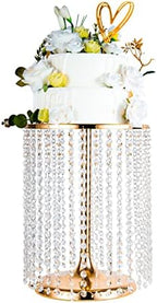 Wedding Cake Stand for Dessert Table 12 Inch Gold Crystal Pendants Metal Cake Stand Serves as A Round Dessert Cupcake Display Plate 16 Inch Tall (Gold) by LANLONG
