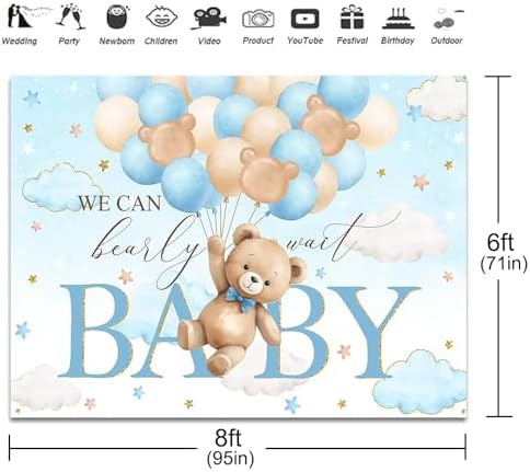 Bear Baby Shower Backdrop We Can Bearly Wait Party Decorations Background for Boy Bear Theme Baby Shower Banner Photo Booth Prop (Blue, 8x6ft) - Image 3