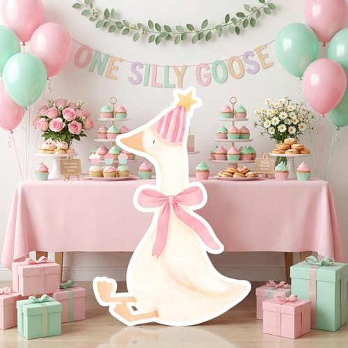 One Silly Goose Birthday Decorations Life Size Cardboard Cutout 35 x 24 Inch, Silly Goose Backdrop Stand Up for 1st Birthday Party, Baby Shower & Duck Farm Animal Birthday Photo Prop (Peach Pink) - Image 3