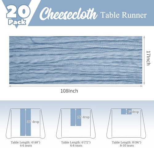 20 Pack Dusty Blue Table Runner 17 x 108inch Cheesecloth Table Runner Rustic Boho Gauze Sheer Fabric Cheese Cloth Table Runners for Wedding Party Bridal Baby Shower Birthday Spring Table Decor - Image 3