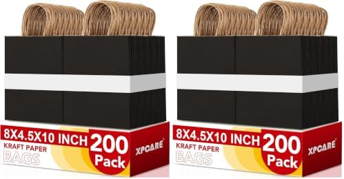 XPCARE Black Paper Bags with Handles, 200Pcs 8x4.5x10In Kraft Paper Bag (Pack of 2) by XPCARE