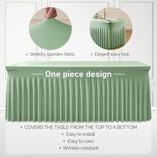 1 Pack Sage Green Spandex Tableclothes for 8 Foot Rectangle Tables, Wrinkle Free 8ft Fitted Table Cover Stretch Table Cloth Desk Skirt for Weddings Baby Shower Birthday Party Banquet Decorations - Image 2