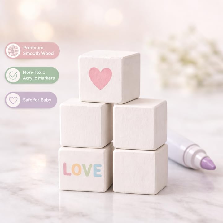 Nolia Baby Shower Blocks Decorating Game – 48 White Wooden Cubes to Decorate, Storage Box, 12 Acrylic Markers & Instruction Sign - Image 6