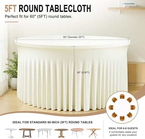 GALLETY 4 Pack Ivory Round Tablecloth for 5FT Round Tables, 120 inch Fitted Spandex Table Cloth with Skirt, Wrinkle Free & Stain Resistant Stretchy Table Cover for Birthday, Anniversary & Picnic - Image 2