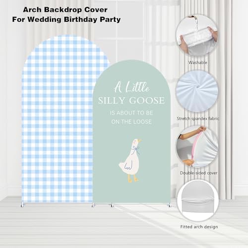 Set of 2 Arch Backdrop Covers One Silly Goose Baby Shower 2PCS Spandex Arch Stand Cover Plaids Girl Birthday Easter Party Banquets Decorations (6FT & 5FT,Blue) - Image 5