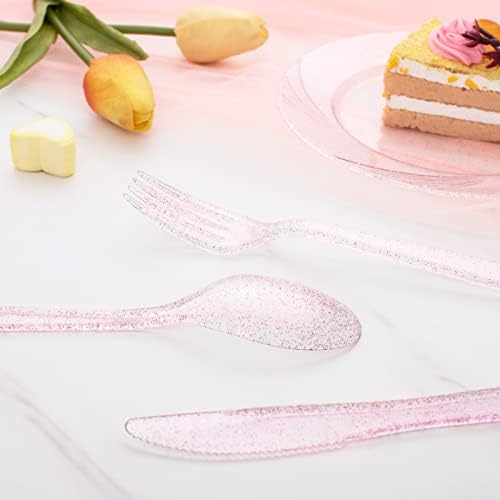 WDF 360 Pink Glitter Plastic Silverware - Disposable Glitter Cutlery - Plastic Silverware inluding 120 Forks, 120 Spoons, 120 Knives for Pink Birthday,Baby Shower - Image 3