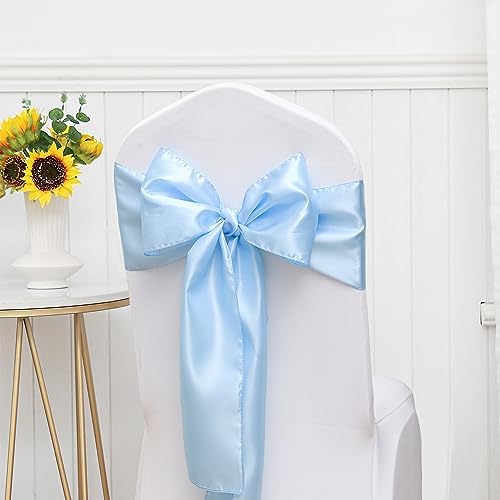 Pack of 50 Satin Baby Blue Chair Sashes Bows 7 X 108 Inch Universal Gold Chair Ribbons for Wedding Ceremony Party Banquet Event Chair Decorations - Baby Blue Chair Sashes 50 Pack - Image 4