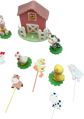 Farm animal cake toppers Set - Centerpieces for birthday & baby Shower parties - rabbit pig cow rooster horse duck barn (Pink, 6 centerpieces + 6 flat figurines) - Image 3