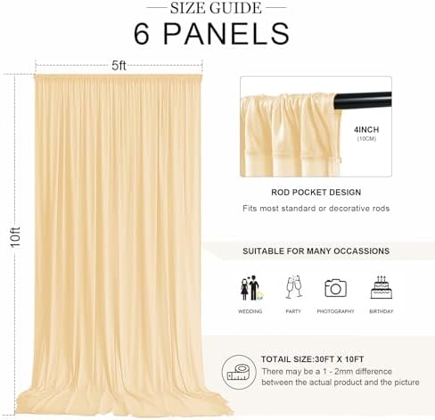 30ft x 10ft Champagne Backdrop Curtains for Parties, 6 Panels 5ft x 10ft Wrinkle-Free Polyester Photo Backdrop Drapes for Wedding Birthday Graduation Baby Shower Photography Background - Image 2