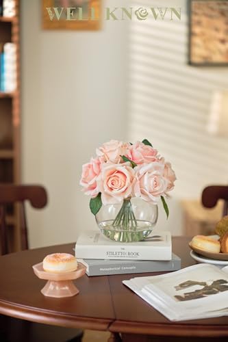 WELL KNOWN Artificial Flowers with Vase, Pink Silk Rose Artificial Flowers - Image 3
