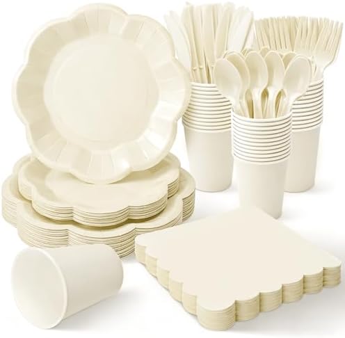 Vyntra Ivory Paper Plates, Cups & Napkins, 350 Pcs Scalloped Party Set by PartyTablewareSupplies