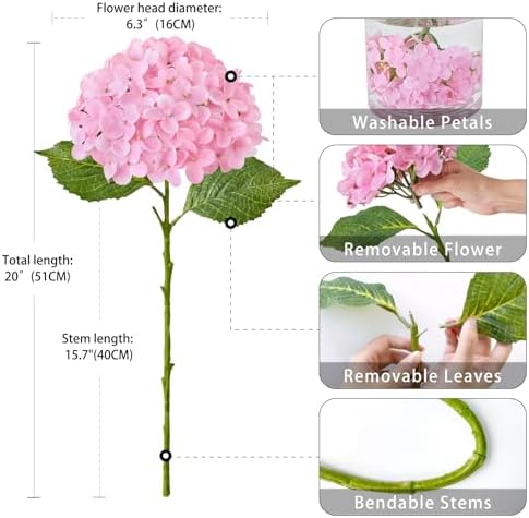 ZYTUYO 20 inches 4 Pcs Soft Pink Real Touch Hydrangea Artificial Flowers Boho Lifelike Real Looking Latex Hydrangeas Flower with Long Stem for Home Decor Spring Table Centrepiece - Image 7