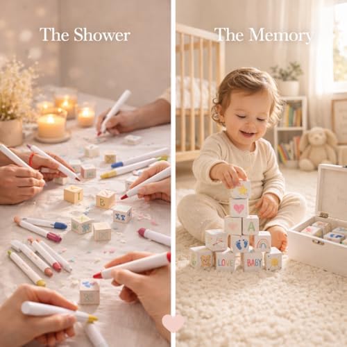 Nolia Baby Shower Blocks Decorating Game – 48 White Wooden Cubes to Decorate, Storage Box, 12 Acrylic Markers & Instruction Sign - Image 4