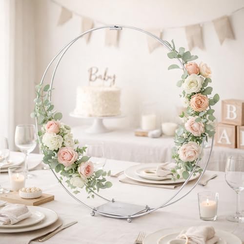 8 Pack 18 Inches Metal Double Floral Hoop Centerpieces with Stand and 38-Yard Paddle Wire Craft Centerpiece Table Decorations Wedding/Baptism/Party/Centerpiece DIY Metal Ring Table Décor, Silver - Image 7