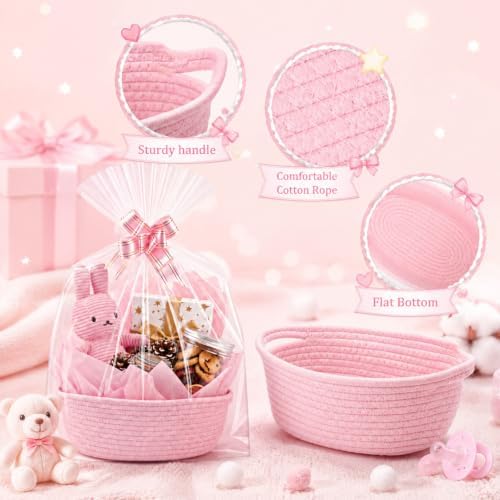 OBreezify 20 Sets Small Pink Woven Gift Basket with Handle, 12"x 8"x 5" Gift Baskets with Bags Pull Bows and Tissue Paper, Empty to Fill with Present Small Items for Baby Shower Nursery Storage - Image 3