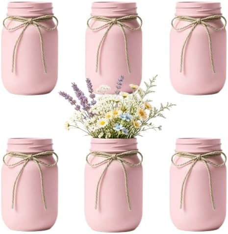 6 PCS 16oz Glass Mason Jars Flower Vases for Centerpieces, Pink by ZHURUININ