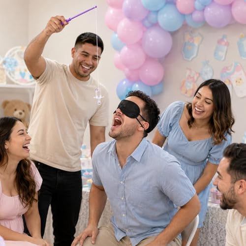 Cinrobiye 6 Set Baby Shower Games Kit Feed the Baby Shower Game with Pacifier Fishing Game, Balloon Baby Bump Limbo Challenge, Blindfold Team Party Activities for Gender Reveal Baby Shower - Image 5