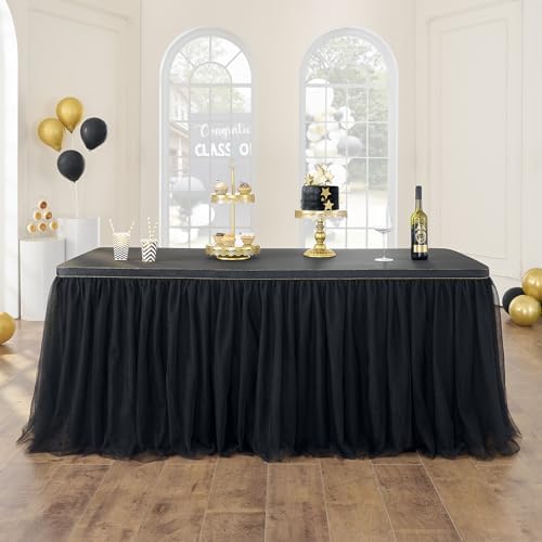 108in Black Tulle Table Skirts for Rectangle Tables 4/6/8ft, 2-Layer Gold Grim Ruffle Tulle Tutu Cloth Table Skirt 9ft Long Decor Birthday Party Wedding Graduation Cake Dessert(No Table Cover) by ENJOYYOURPARTY