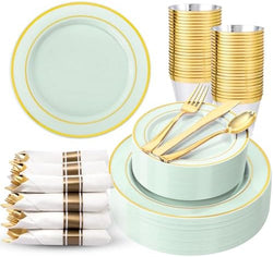 WDF Partyware 350PCS Green Plates Disposable - Sage Green Plastic Plates 50Guests Plastic Dinnerware with Rolled Napkins for Party/Birthday by WDF