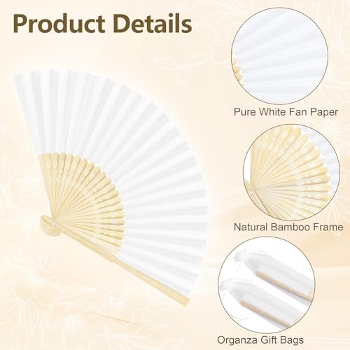 Aodaer White Paper Fan Set 60 Pack Folding Hand Fans with Organza Gift Bags Wooden Storage Box Display Sign and White Ribbon Handheld Fan for Wedding Favors Bridal Shower Party Supplies - Image 3