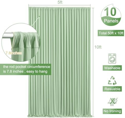 10 Panels Sage Green Backdrop Curtain for Parties Wrinkle Free Dark Green Photo Curtains Backdrop Drapes Fabric Decoration for Weding Baby Shower Birthday Party Photography 50ft(W) x 10ft(H) - Image 6