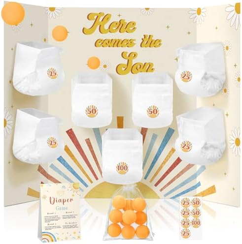 Ctosree 31 Pcs Here Comes the Sun Theme Baby Shower Diaper Game 1 Diaper Baby Shower Game Board 7 Diapers 10 Plastic Balls 1 Organza Bag for Bridal Games Boy Girl by Ctosree