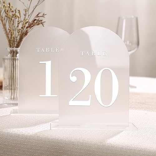 UNIQOOO Frosted Arch Wedding Table Numbers with Stands 1-20, 5x7" Acrylic Display Signs and Holders, Pack of 20, Perfect for Centerpiece, Reception, Decoration, Party, Anniversary, Event by UNIQOOO